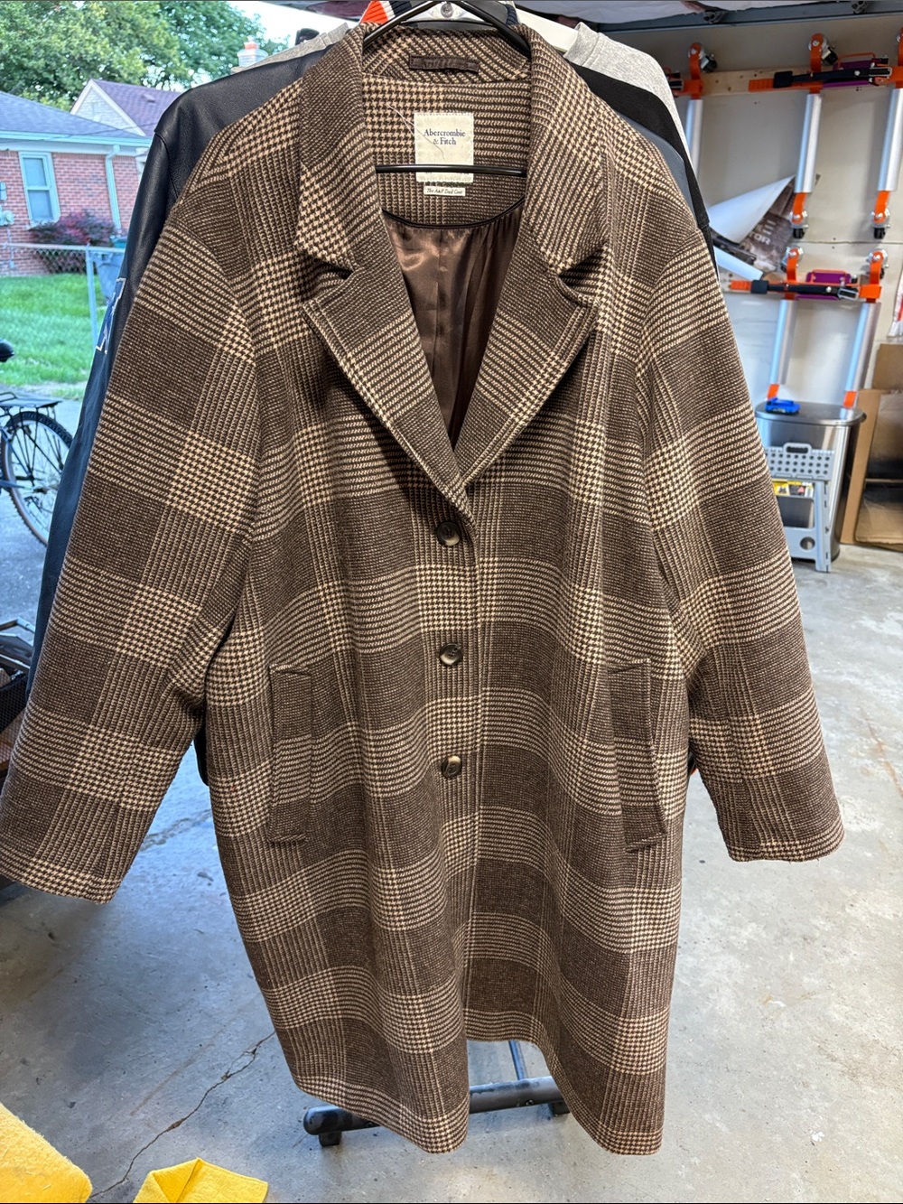 Abercrombie & Fitch Brown/Cream Plaid Wool-Blend Dad Pea Coat